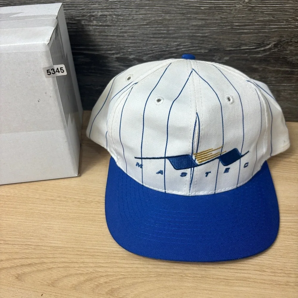 Vintage Mastec Hat Cap Snap Back White Blue Pin‎ Stripe Adjustable